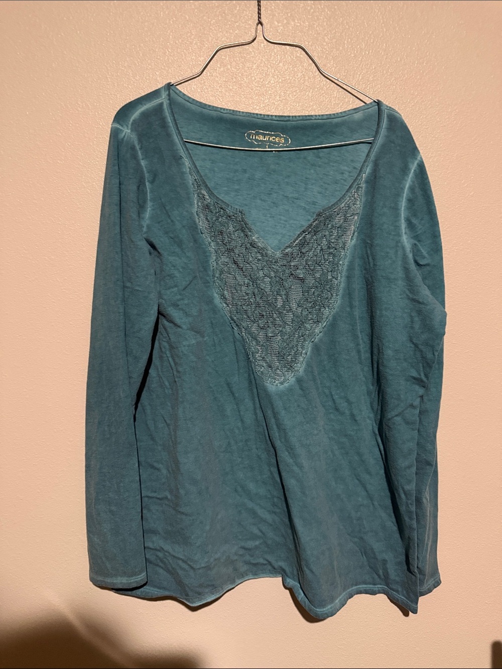 Maurices Teal V-Neck Long Sleeve Top with Lace Inset